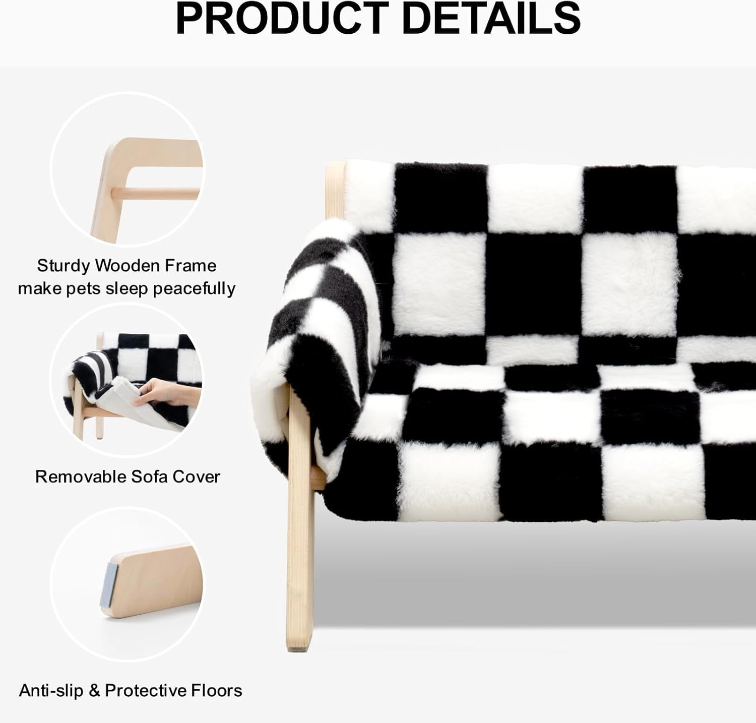 HKM-0670525 Stylish Raised Cat Bed with Wooden Legs, Removable Washable Cover, and Soft Checkerboard Design for Indoor Use