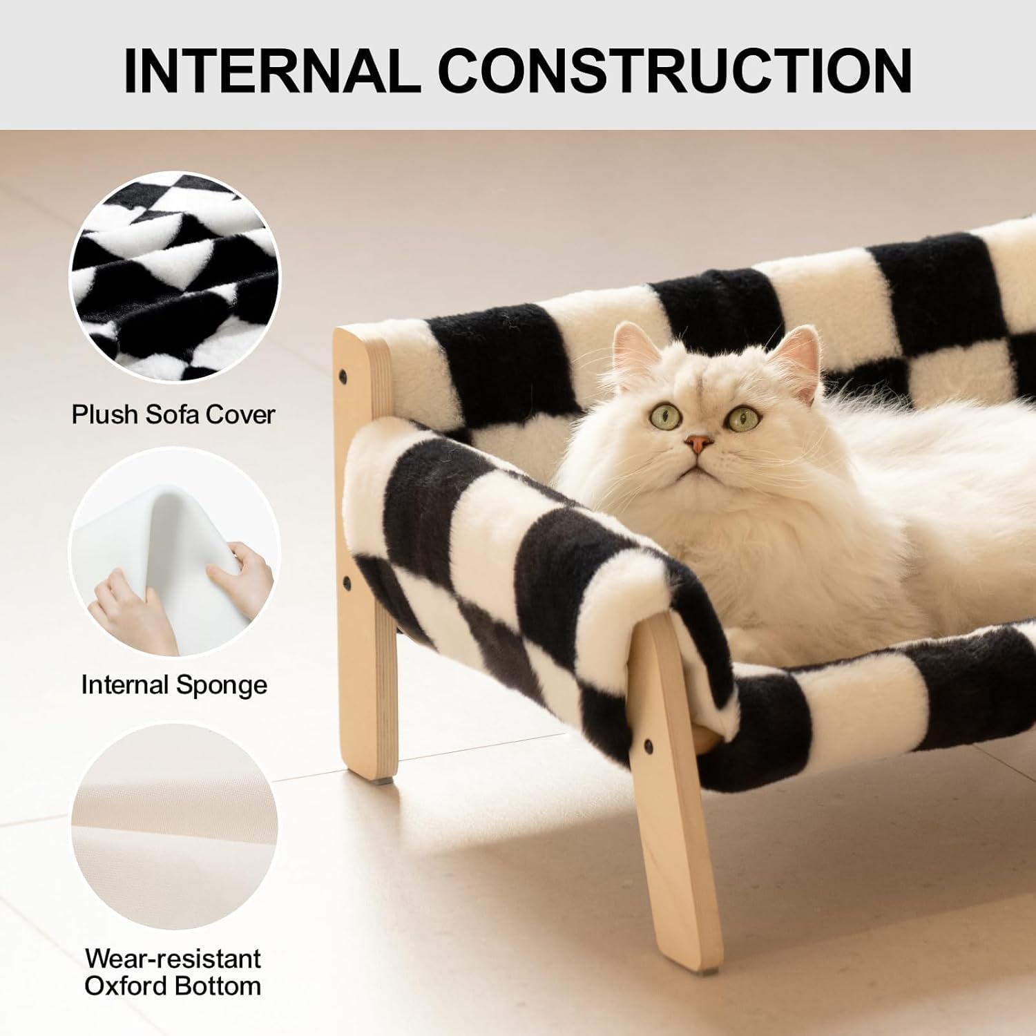 HKM-0670525 Stylish Raised Cat Bed with Wooden Legs, Removable Washable Cover, and Soft Checkerboard Design for Indoor Use