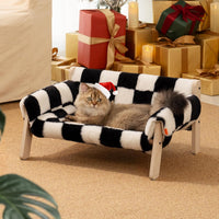 HKM-0670525 Stylish Raised Cat Bed with Wooden Legs, Removable Washable Cover, and Soft Checkerboard Design for Indoor Use