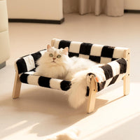 HKM-0670525 Stylish Raised Cat Bed with Wooden Legs, Removable Washable Cover, and Soft Checkerboard Design for Indoor Use