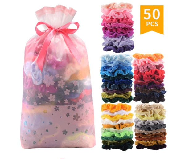 HKM-067219 Gold Velvet Hair Bands - 50 Piece Set with 10 cm Diameter for Stylish Hair Care