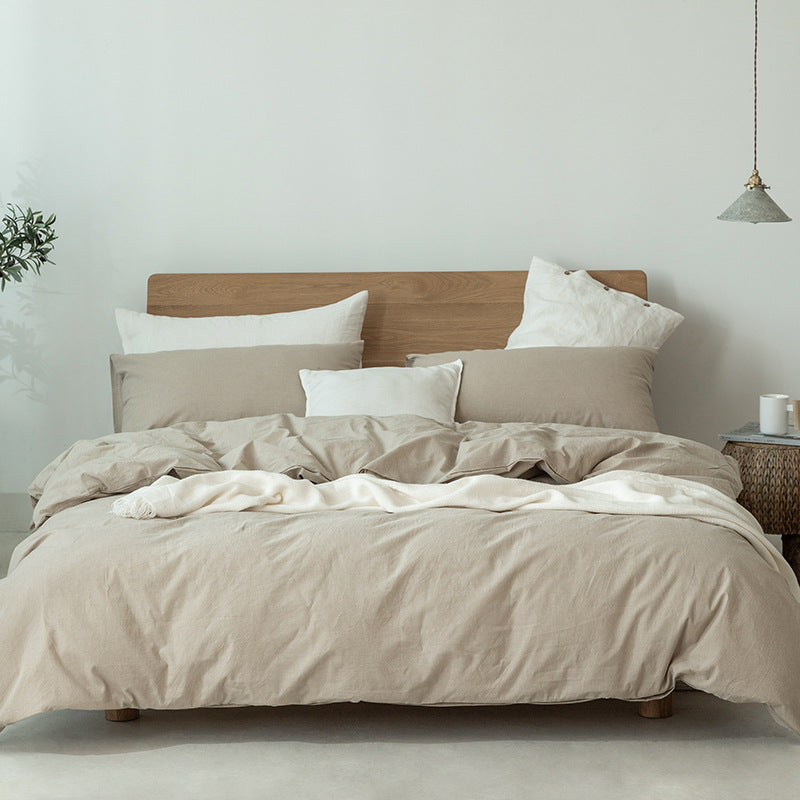 HKM-067475 Washed Cotton Four-Piece Bedding Set in Japanese Muji Style - Solid Color Options