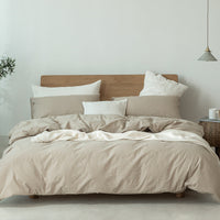 HKM-067475 Washed Cotton Four-Piece Bedding Set in Japanese Muji Style - Solid Color Options