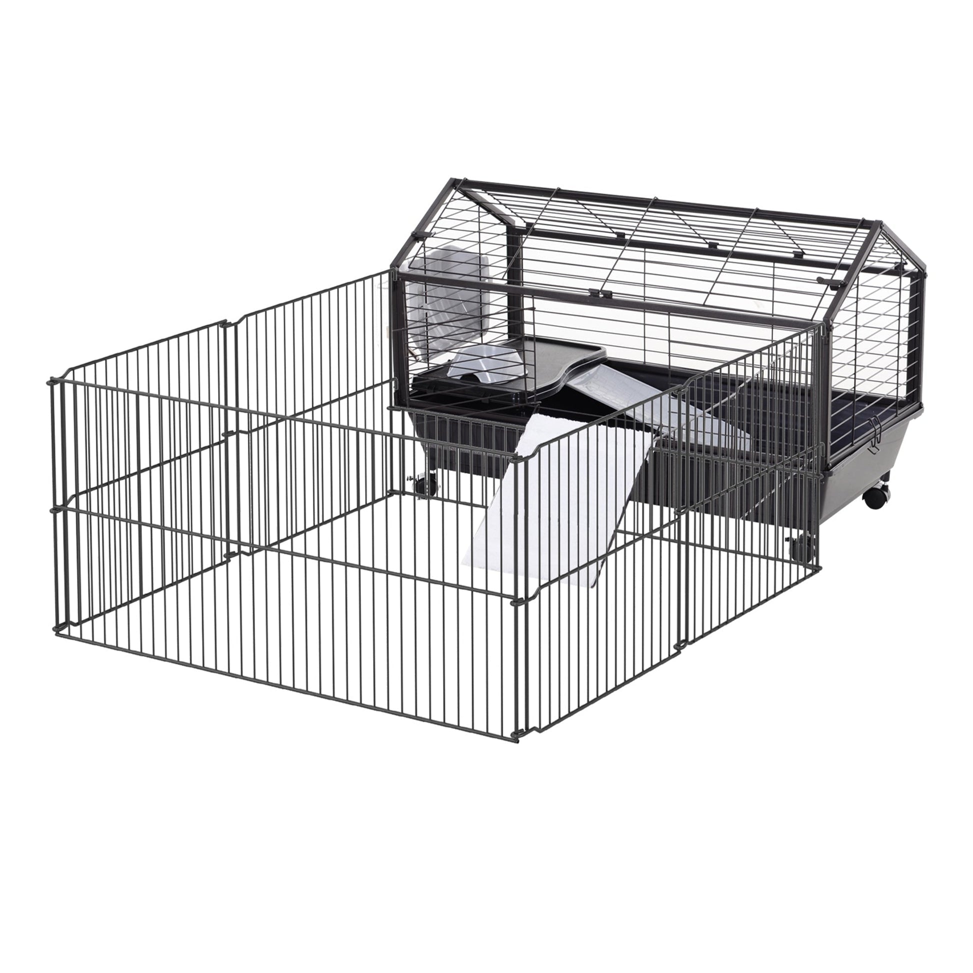 HKM-0675517 Metal Hutch Cage for Small Animals with Main House, Run, and Fleece Ramp