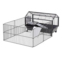 HKM-0675517 Metal Hutch Cage for Small Animals with Main House, Run, and Fleece Ramp