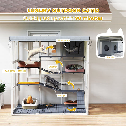 HKM-0679229 Spacious Gray Outdoor Catio Enclosure for 2-4 Large Cats with Hammock, Condo, Ladders and Ramps