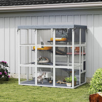 HKM-0679229 Spacious Gray Outdoor Catio Enclosure for 2-4 Large Cats with Hammock, Condo, Ladders and Ramps