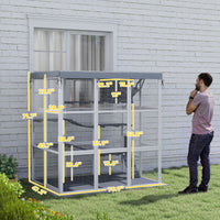 HKM-0679229 Spacious Gray Outdoor Catio Enclosure for 2-4 Large Cats with Hammock, Condo, Ladders and Ramps
