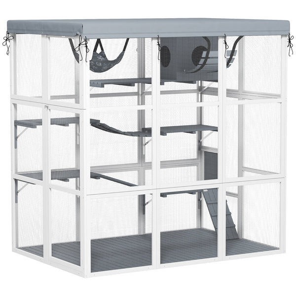 HKM-0679229 Spacious Gray Outdoor Catio Enclosure for 2-4 Large Cats with Hammock, Condo, Ladders and Ramps