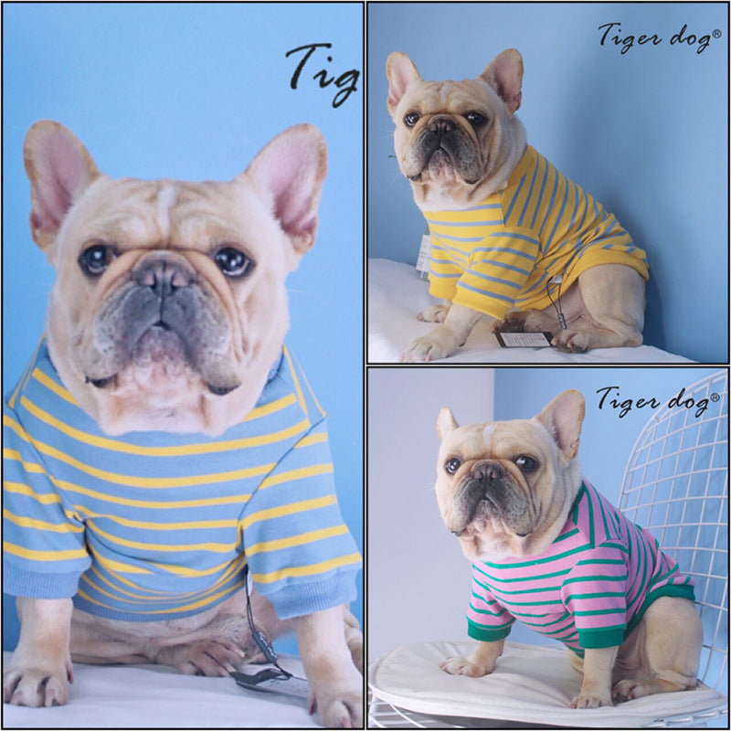 HKM-0683965 French Striped T-Shirt Sweater for Dogs in Pink Green, Yellow Blue, and Blue Yellow - Multiple Sizes Available