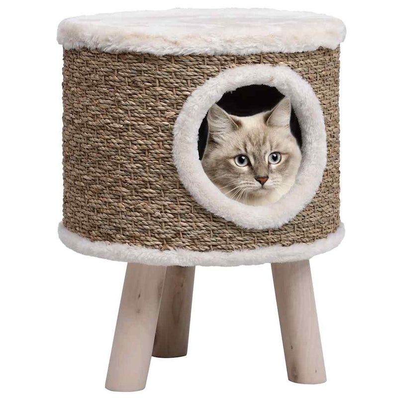 HKM-0686653 Cozy Cat Tree with Wooden Legs and Seagrass Scratching Mat - 41 cm