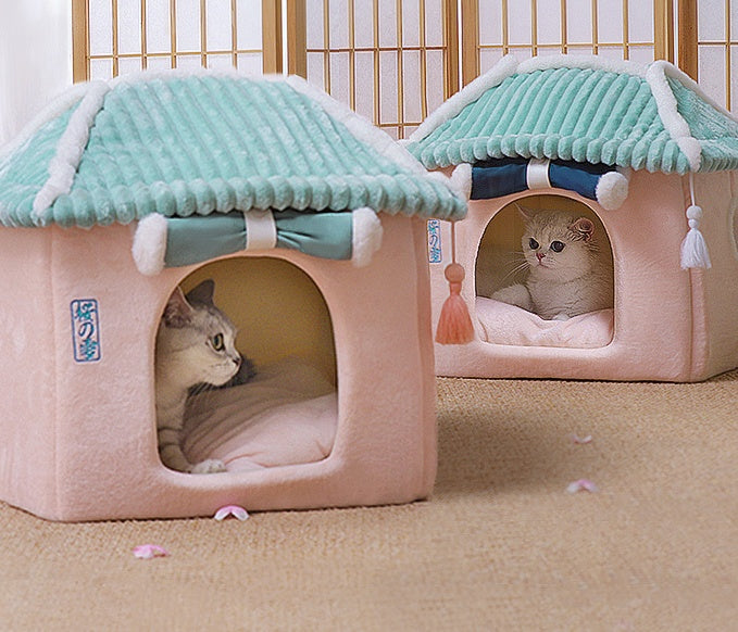 HKM-0687421 Removable and Washable Cat House with Thick Reversible Cushion - Indoor Cat Villa in Tibetan Blue or Green