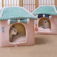 HKM-0687421 Removable and Washable Cat House with Thick Reversible Cushion - Indoor Cat Villa in Tibetan Blue or Green
