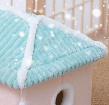 HKM-0687421 Removable and Washable Cat House with Thick Reversible Cushion - Indoor Cat Villa in Tibetan Blue or Green