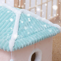 HKM-0687421 Removable and Washable Cat House with Thick Reversible Cushion - Indoor Cat Villa in Tibetan Blue or Green