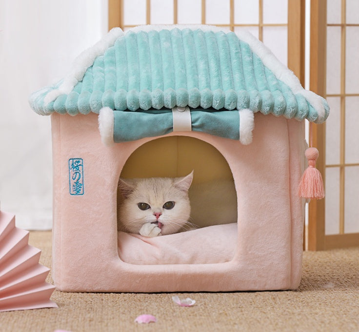 HKM-0687421 Removable and Washable Cat House with Thick Reversible Cushion - Indoor Cat Villa in Tibetan Blue or Green