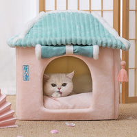 HKM-0687421 Removable and Washable Cat House with Thick Reversible Cushion - Indoor Cat Villa in Tibetan Blue or Green
