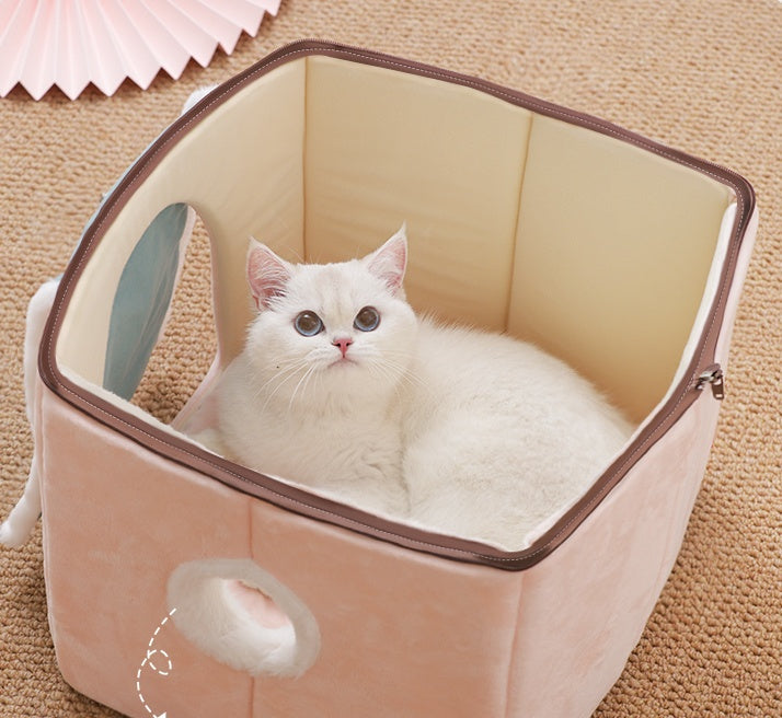 HKM-0687421 Removable and Washable Cat House with Thick Reversible Cushion - Indoor Cat Villa in Tibetan Blue or Green