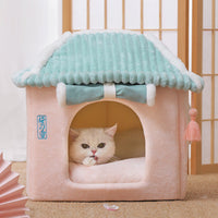 HKM-0687421 Removable and Washable Cat House with Thick Reversible Cushion - Indoor Cat Villa in Tibetan Blue or Green