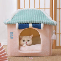 HKM-0687421 Removable and Washable Cat House with Thick Reversible Cushion - Indoor Cat Villa in Tibetan Blue or Green