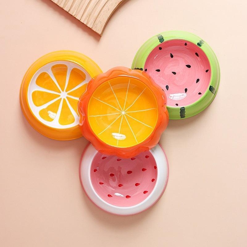 HKM-0689341 Ceramic Cat Bowl with Non-Slip Design for Water and Food ¨C Watermelon, Orange, Strawberry Patterns