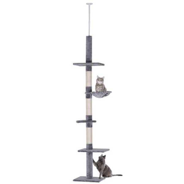 HKM-068947 9 Foot Adjustable Height Vertical Cat Tree with Carpeted Platforms and Sisal Rope Scratching Areas - Grey and White