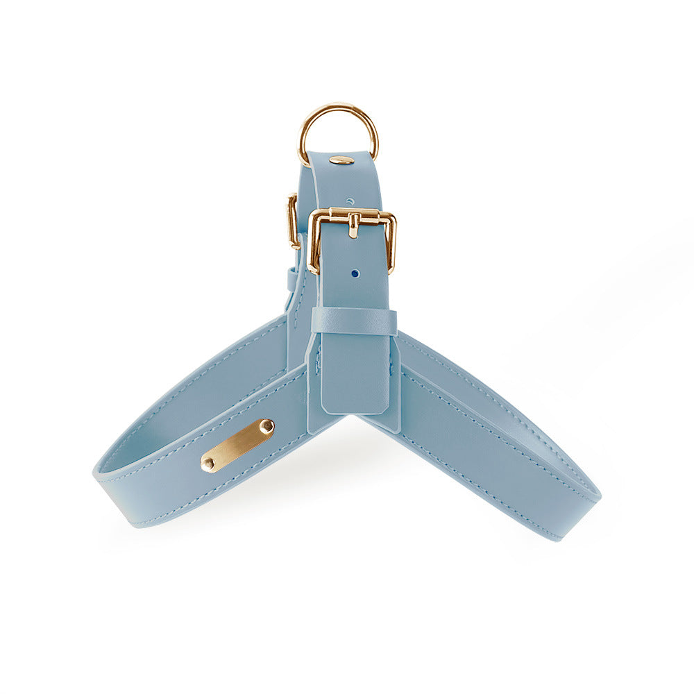 HKM-0692413 Pet Cat and Dog Leather Chest Strap Harness in Bright Black, Aqua Blue, Crystal Pink, Deer Brown