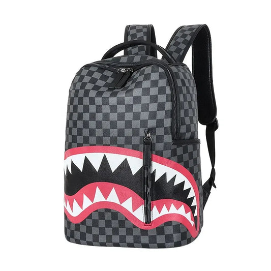HKM-069843 Sprayground Backpack Large Capacity Waterproof PU Polyester Shark Design Laptop Black Backpack for School and Travel