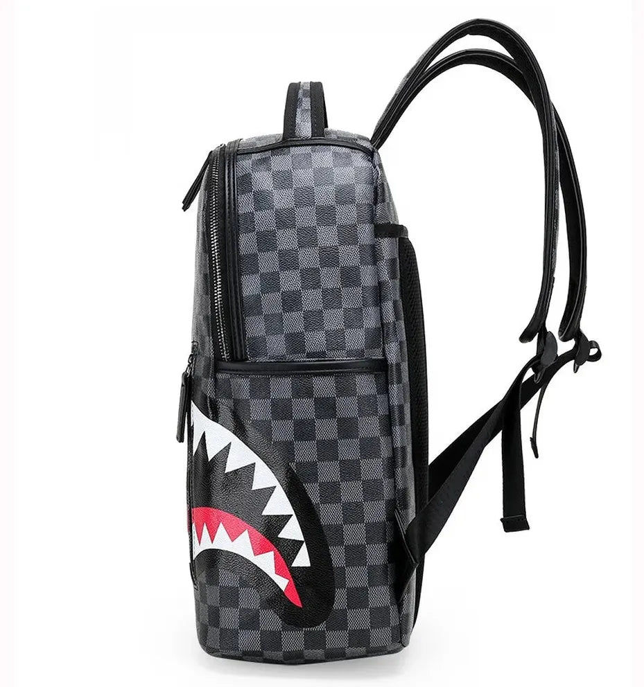 HKM-069843 Sprayground Backpack Large Capacity Waterproof PU Polyester Shark Design Laptop Black Backpack for School and Travel