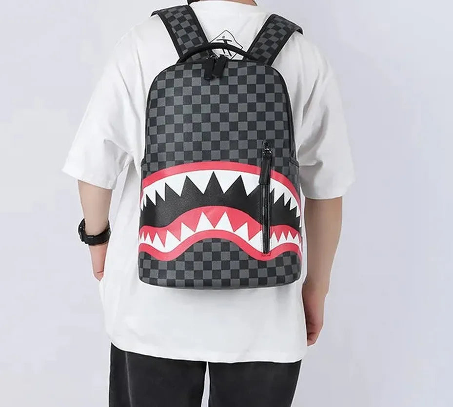 HKM-069843 Sprayground Backpack Large Capacity Waterproof PU Polyester Shark Design Laptop Black Backpack for School and Travel