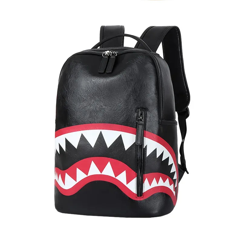 HKM-069843 Sprayground Backpack Large Capacity Waterproof PU Polyester Shark Design Laptop Black Backpack for School and Travel
