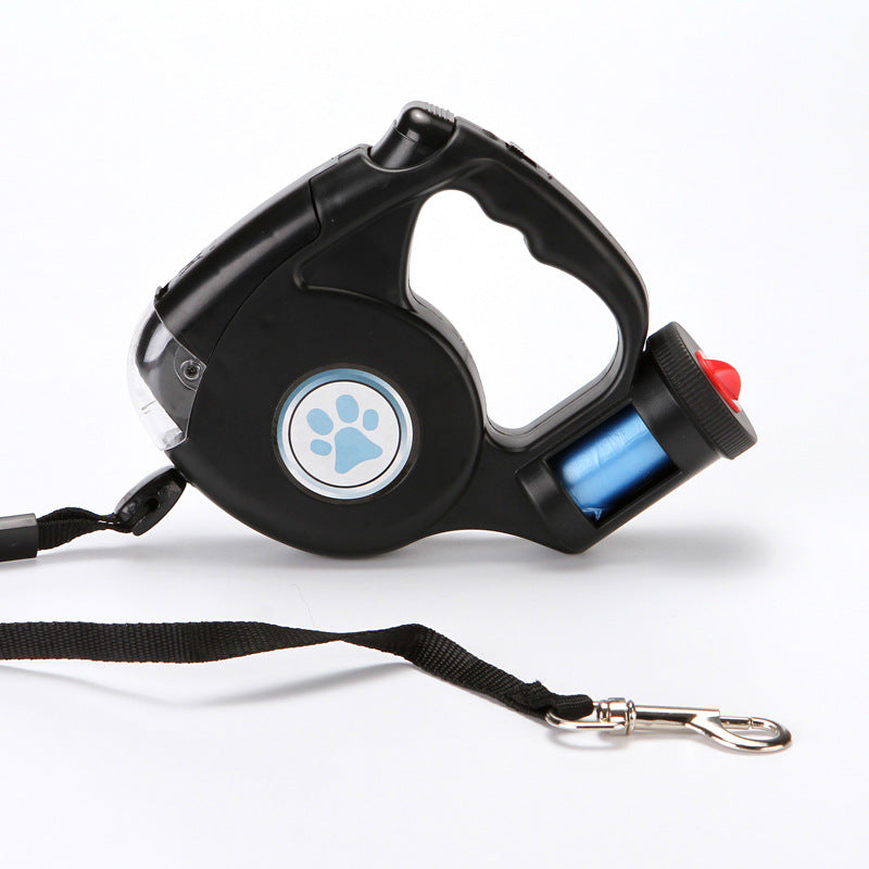 HKM-0698685 Retractable Dog Leash with Flashlight and Waste Bag Storage, Scalable Design, Blue/Black/Red