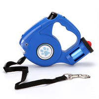 HKM-0698685 Retractable Dog Leash with Flashlight and Waste Bag Storage, Scalable Design, Blue/Black/Red