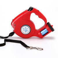 HKM-0698685 Retractable Dog Leash with Flashlight and Waste Bag Storage, Scalable Design, Blue/Black/Red