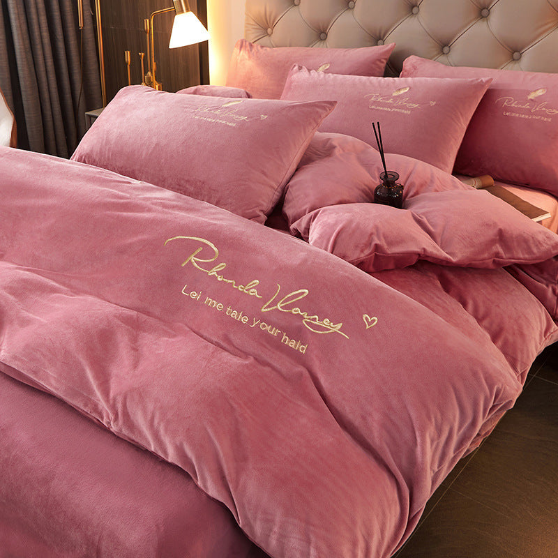 HKM-070099 Winter Coral Fleece Duvet Cover Set with Velvet Flannel Bed Sheet - Four-Piece Bedding Set for Various Bed Sizes