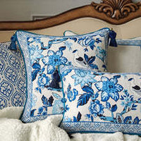 HKM-070163 Blue and White Porcelain Chinese Style Cushion Cover - Linen Plant and Flower Design, Multiple Sizes Available