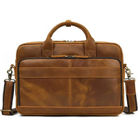 HKM-070355 Retro Crazy Horse Leather Briefcase for 14-Inch Laptops - Waterproof Heavyweight Waxed Canvas Messenger Bag in Brown/Dark Brown