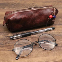 HKM-070995 Handmade Cowhide Large Capacity Zipper Storage Bag for Glasses and Accessories