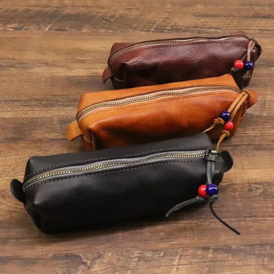 HKM-070995 Handmade Cowhide Large Capacity Zipper Storage Bag for Glasses and Accessories