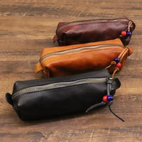 HKM-070995 Handmade Cowhide Large Capacity Zipper Storage Bag for Glasses and Accessories
