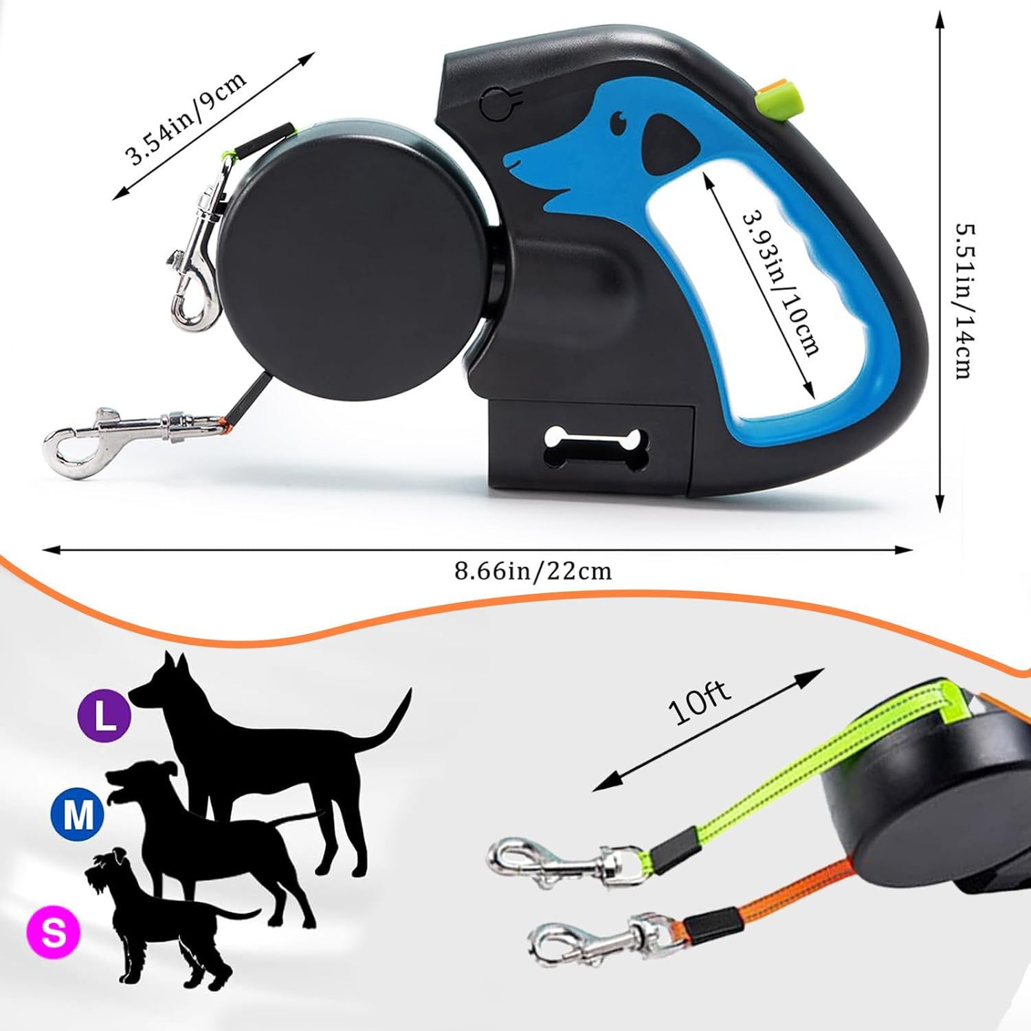 HKM-0710205 Double-Ended Automatic Retractable Leash for Two Pets, Durable ABS Design in Multiple Colors