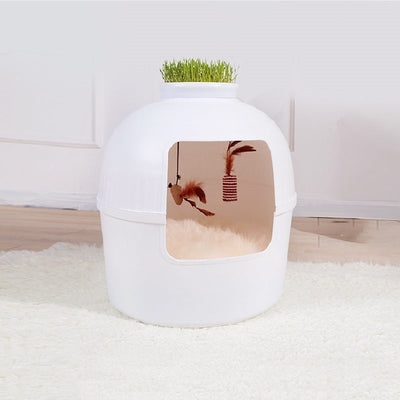 HKM-0710461 Four Seasons Closed Cat Nest - Plastic Pet Bed in White and Brown, 50x50x52cm