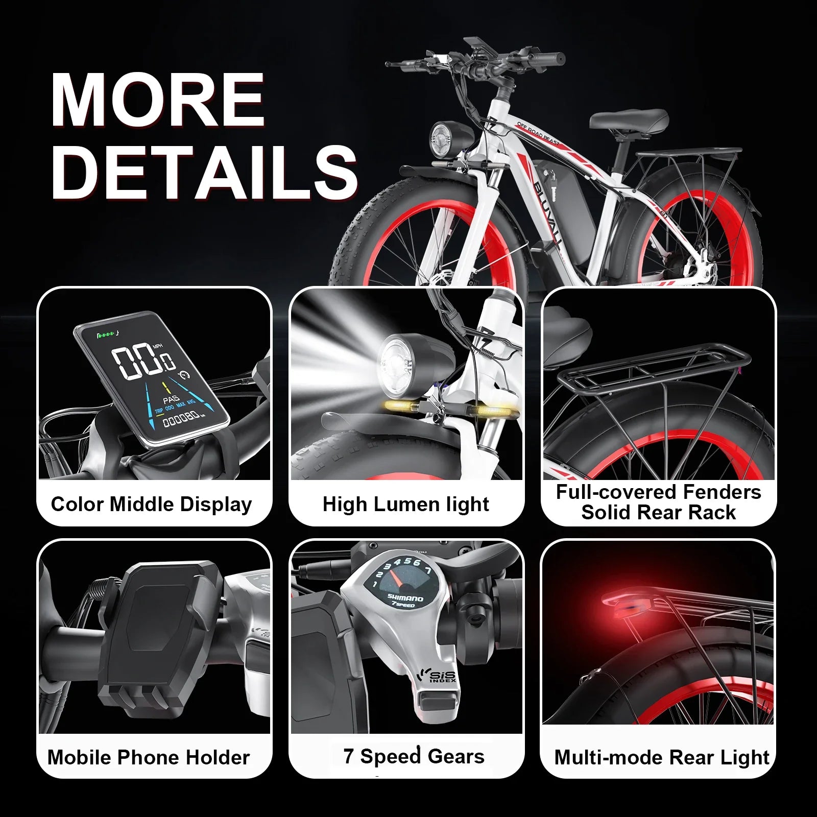 HKM-071635 26" 4.0 Fat Tire Electric Bike with 1000W Motor, 48V Lithium Battery, 7-Speed Gears, and Hydraulic Disc Brakes