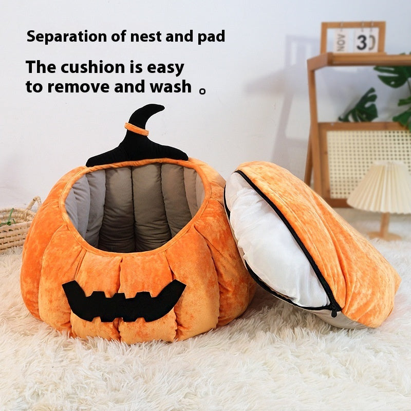 HKM-0720189 Cozy Pumpkin-Themed Pet Bed for Cats - Orange and Black Options