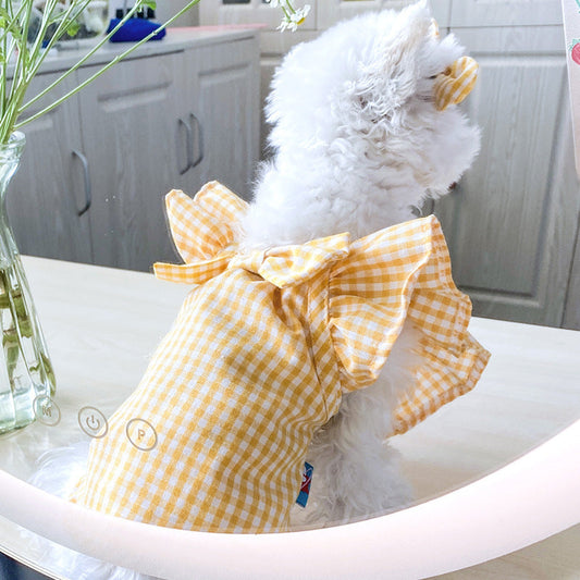 HKM-0720317 Casual Red and Yellow Checkered Pet Shirt with Bowknot