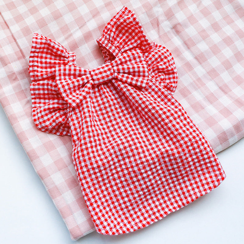 HKM-0720317 Casual Red and Yellow Checkered Pet Shirt with Bowknot