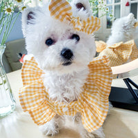 HKM-0720317 Casual Red and Yellow Checkered Pet Shirt with Bowknot