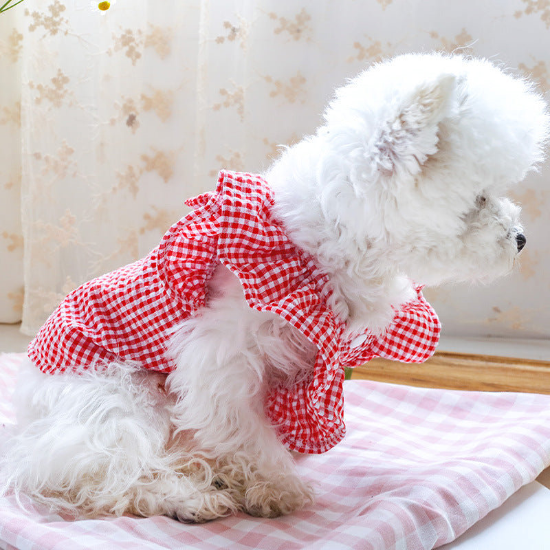 HKM-0720317 Casual Red and Yellow Checkered Pet Shirt with Bowknot