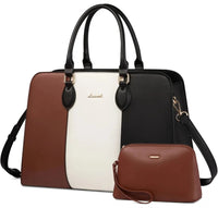 HKM-0721235 colorblock leather laptop tote with shell clutch and gold hardware