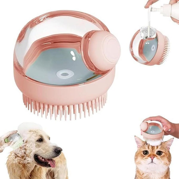HKM-072147 Silicone Bristle Dog Grooming Brush with Soap Dispenser - Pink, Ideal for Convenient Bathing and Gentle Massaging